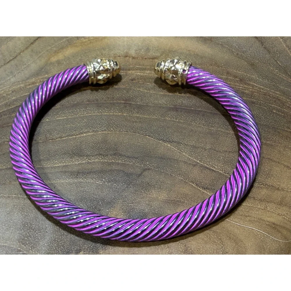 Purple Twisted Cable Cuff Bracelet Gold Tone Studded End Caps Bangle